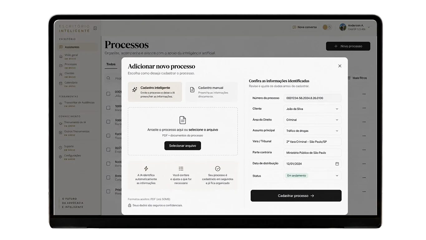 Preview da plataforma: Processos e clientes